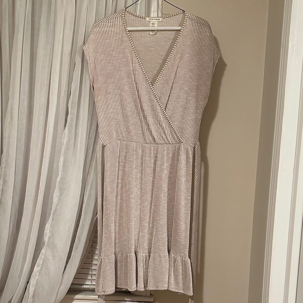 Cream Striped Beige Midi Dress